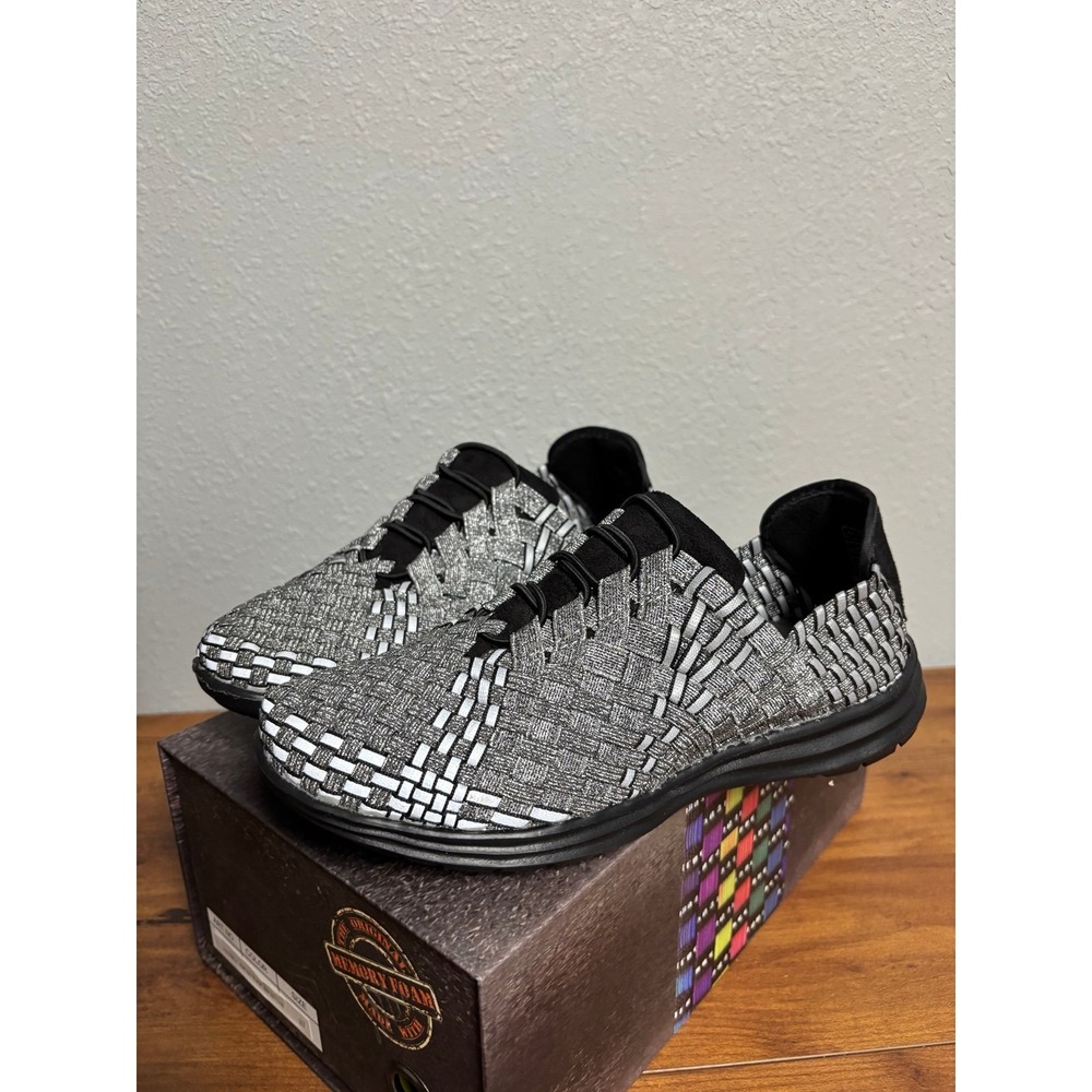Bernie Mev Victoria Pewter Black Reflective Woven Sneakers Womens Size 37 US 6.5